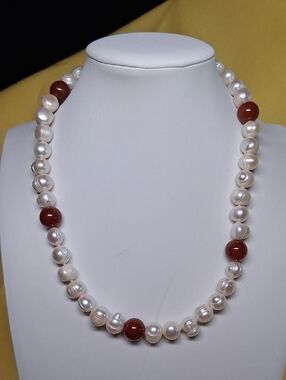 Freshwater Pearl Necklace with Red Agate Beads - Elegant Women’s Jewelry